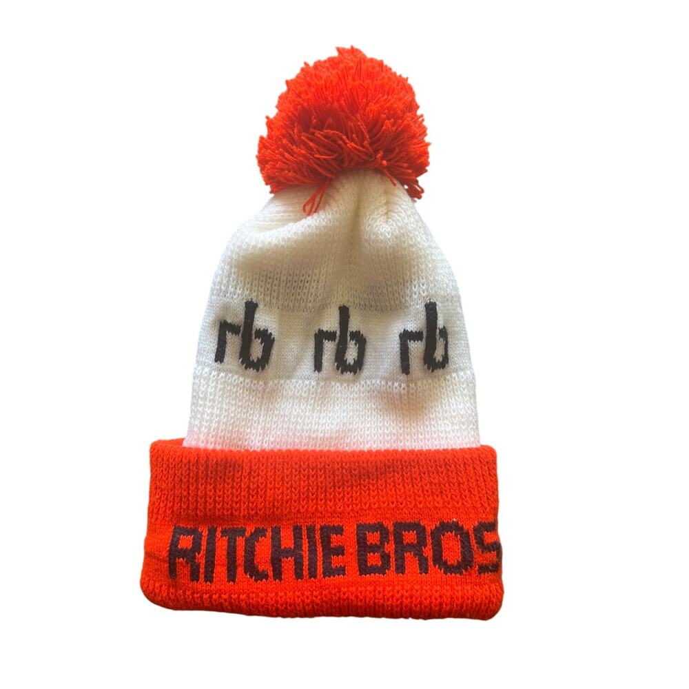 Vintage Ritchie Bros Auctioneers Knit Beanie Cap Hat With Pompom Orange White